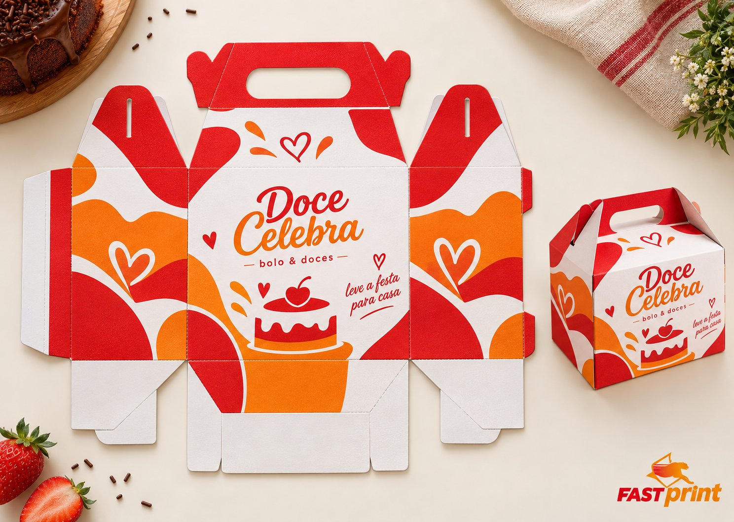 Caixa de Bolo personalizada Fast Print — planificada, como será impressa