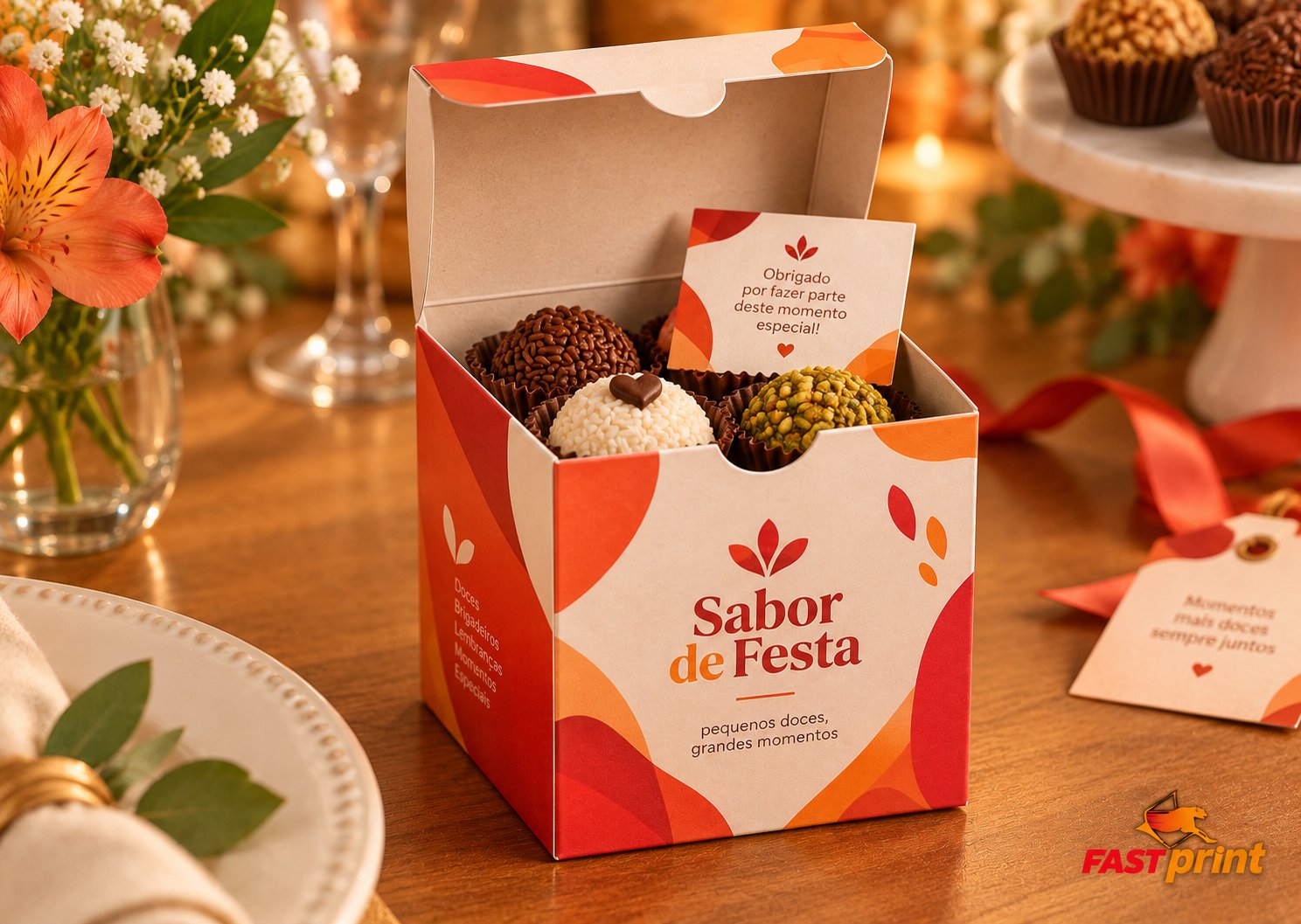 Caixa Quadrada personalizada Fast Print — em uso